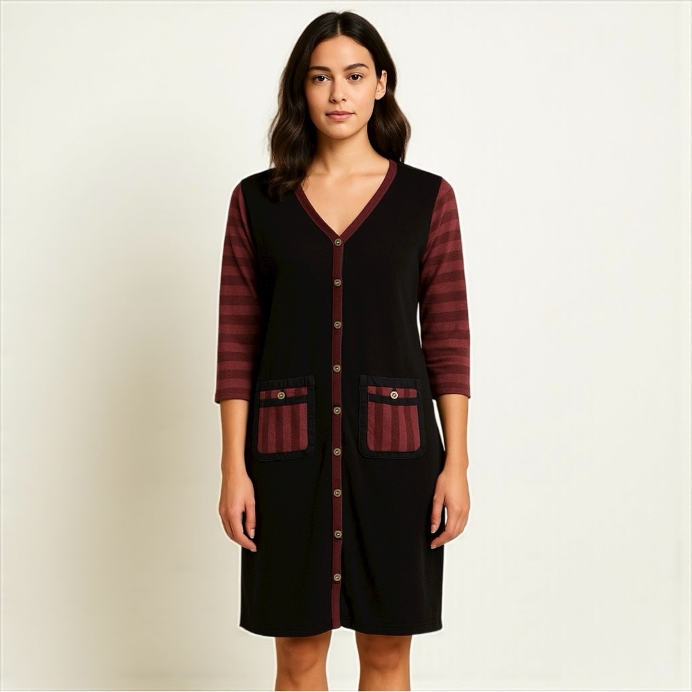 LUK Womens Black Burgundy Striped Button Front Knit Lagenlook Tunic Dress Size 0